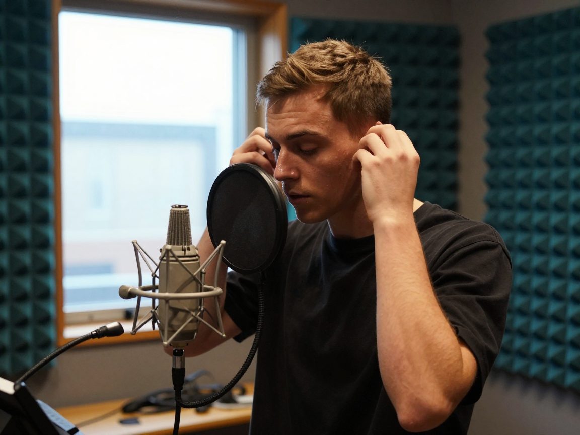 Artiest in de vocal booth met popfilter en microfoon.